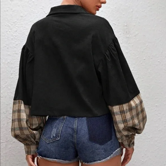 Corduroy plaid puff sleeve oversized cropped jacket Shacket - Picture 5 of 5